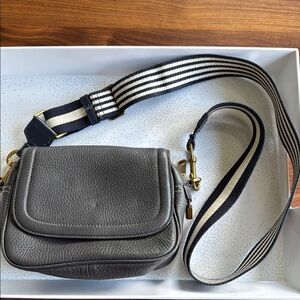 J. Crew Gray leather Crossbody Bag with adjustable Blue Striped Strap